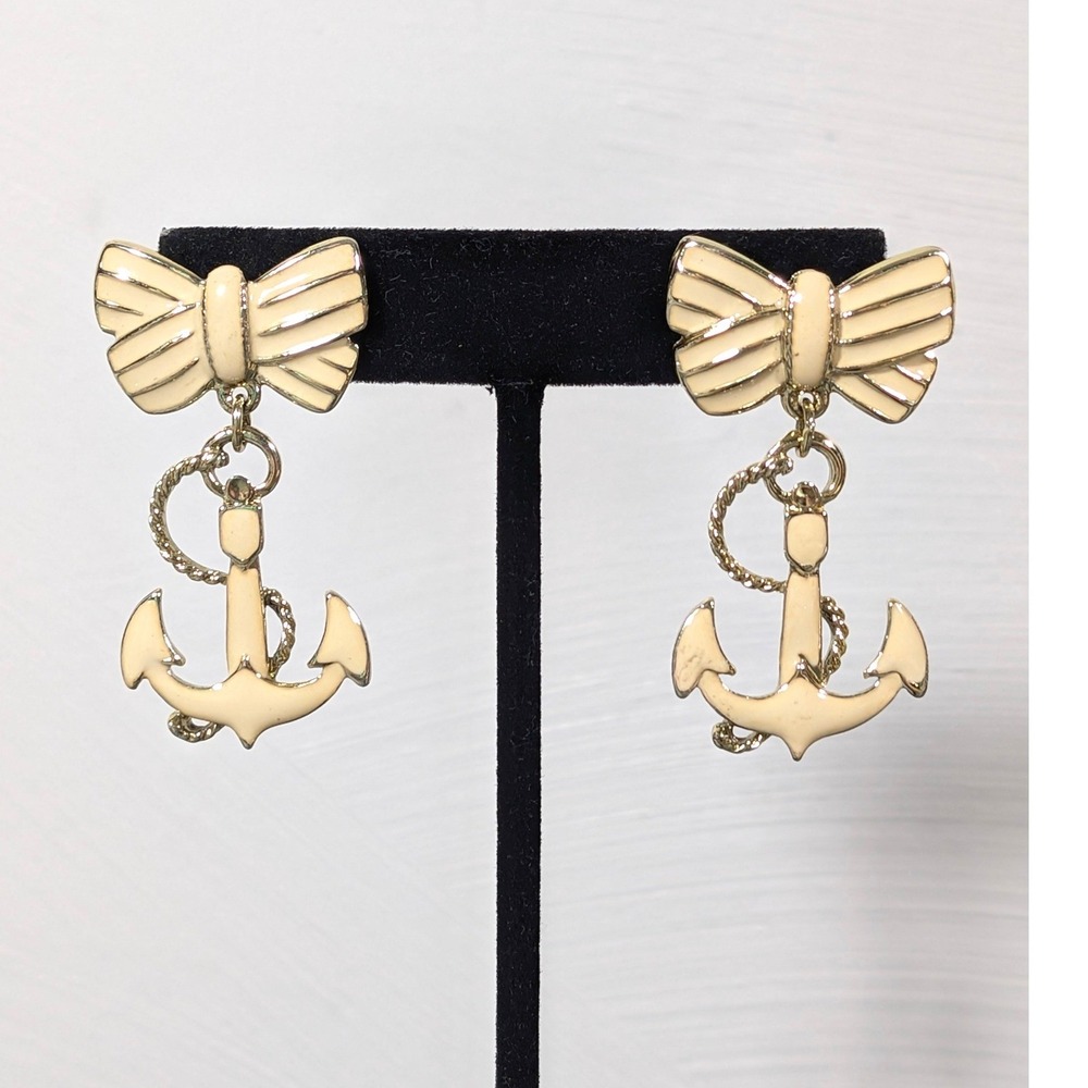 Gold Tone Cream Enamel Bow Anchor Dangle Earrings Nautical‎ Pierced